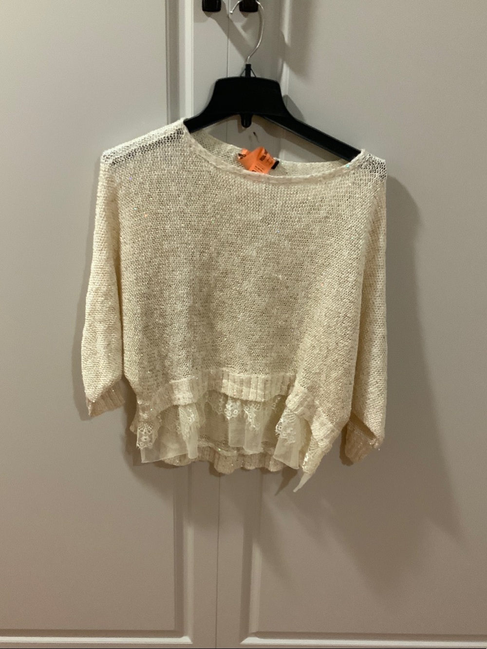 Sparkly Cream thin Knit Sweater with Lace Hem